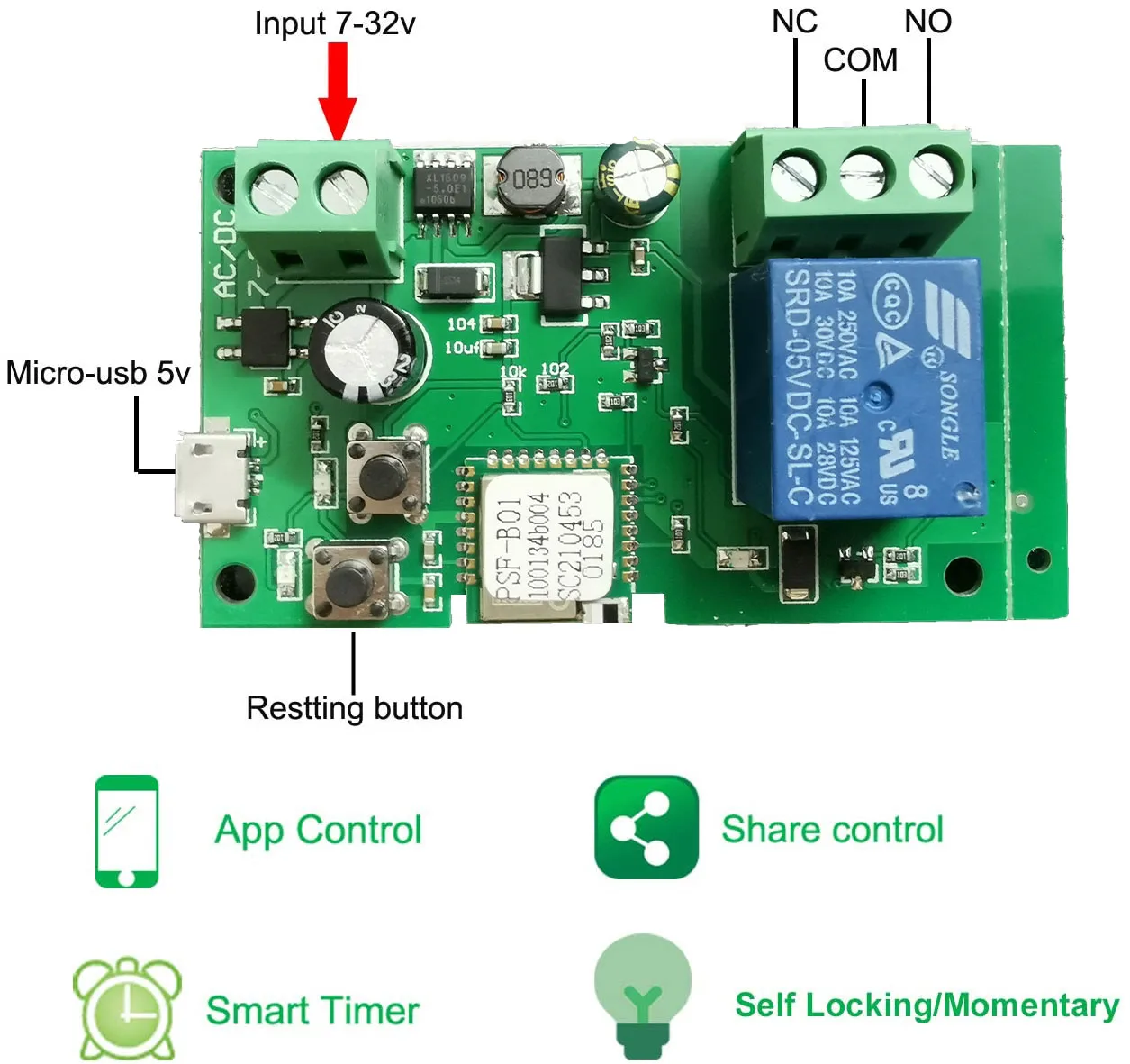 Ewelink WiFi Wireless Smart Switch Relay Inching Module for 5V/12V/24V,Be Applied to Access Control, Turn on PC, Garage Door