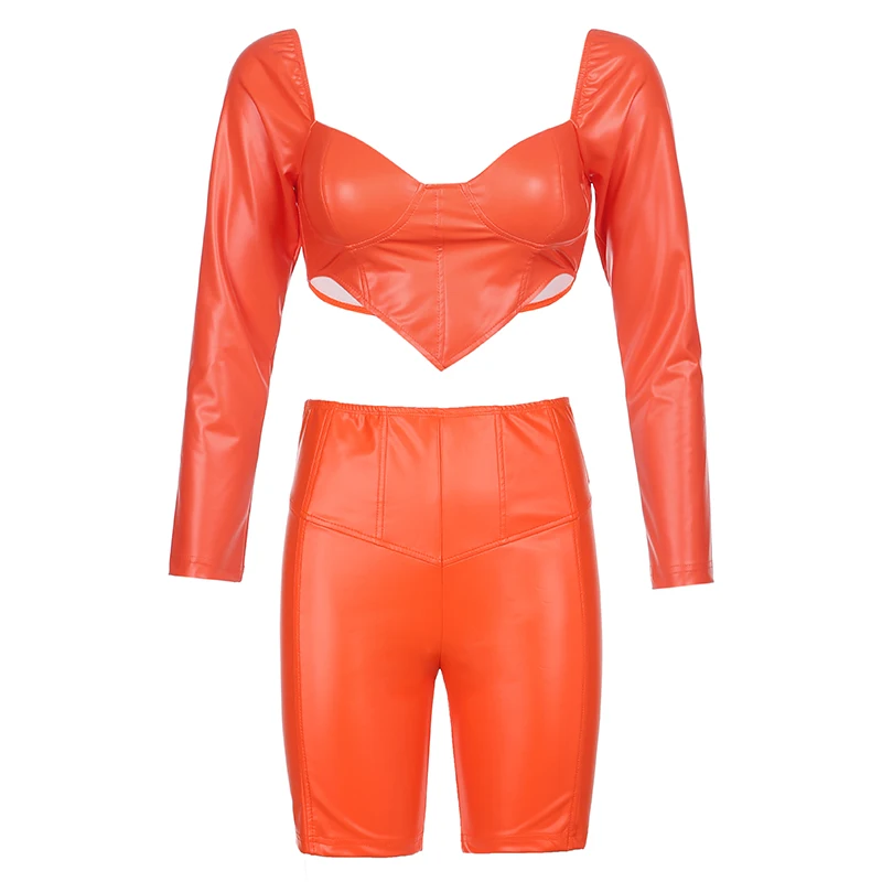 BIIKPIIK Solid Faux PU Leather Two Piece Sets Women Long Sleeve Wrapped Chest Crop Tops & Bodycon Shorts Streetwear Matching Set