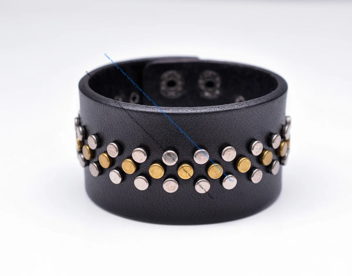 

Cool Men Motorcycle Biker Hip-hop Rock 3-Row-Stud Rivet Quality Wide Genuine Cowhide Leather Bracelet Wristband Cuff Bangle
