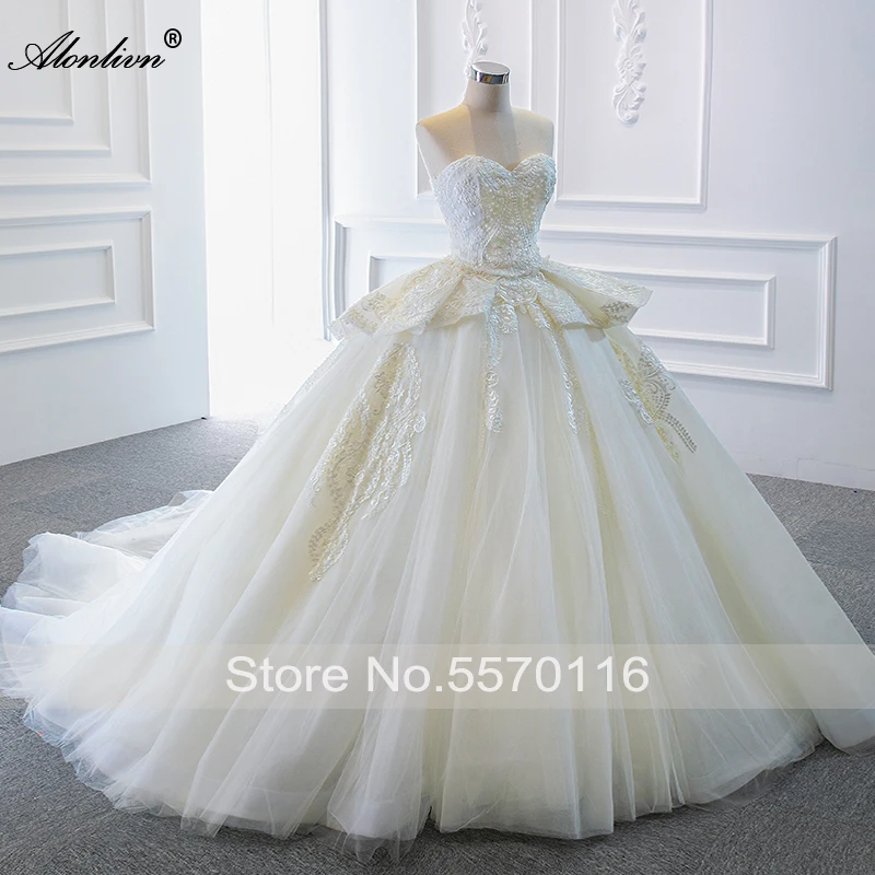 Alonlivn-vestido de novia con apliques únicos, vestido de novia con escote corazón, sin mangas, con cordones escalonados, faldas de novia de Organza sedosa