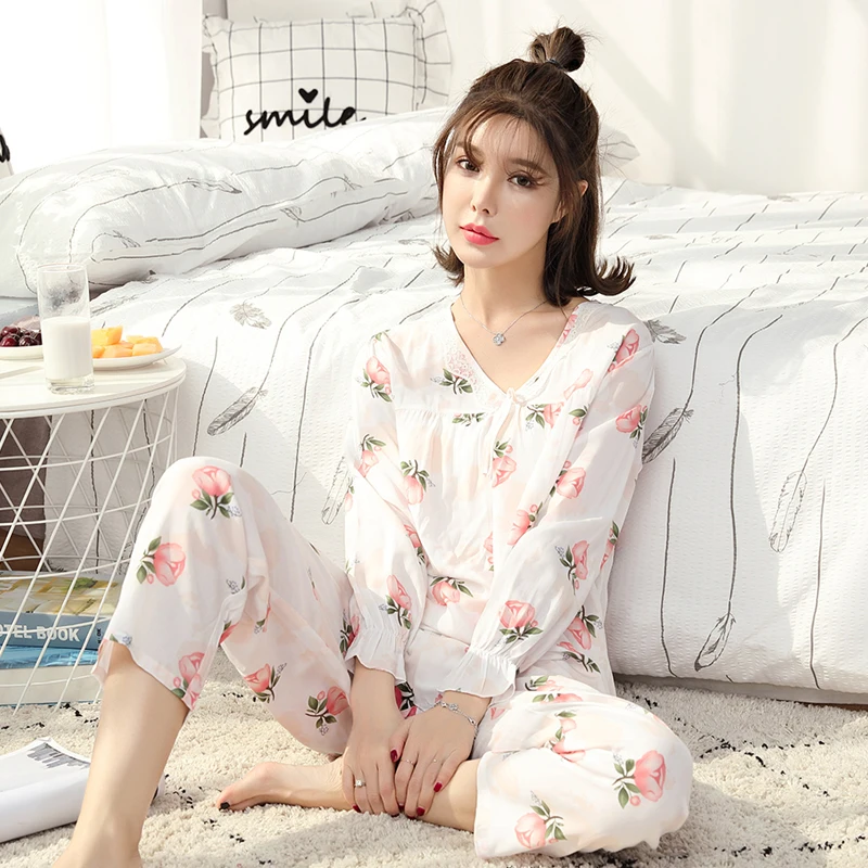 Conjuntos de pijamas con estampado de primavera para mujer, ropa de dormir elegante con cuello en V, varios estilos, transpirable, para el hogar, combina con todo, ocio