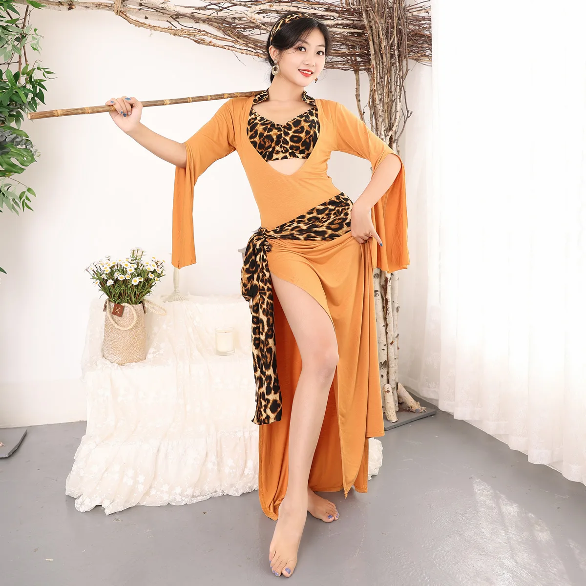 5PCS Set Performance Women Belly Dance Clothes Baladi Dress Saidi One-piece Leopard Dresses Girls Folk Costume Long Robe