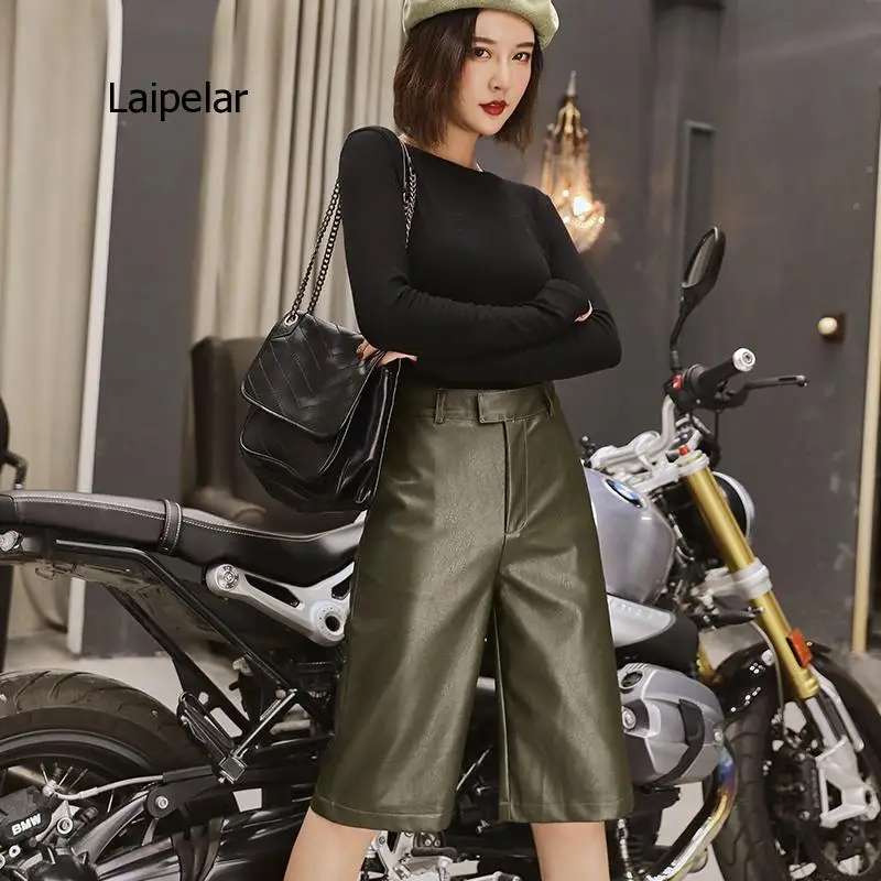 2021 British Style Autumn Winter Women's Pu Leather Short High Waist Motor Five Point Trouser Casual Straight Overalls