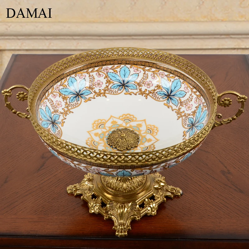 European Vintage Ceramic Plate Pure Copper Gold Inlay Fruit Tray Living Room Decoration Ornaments Desktop Snacks Display Plates