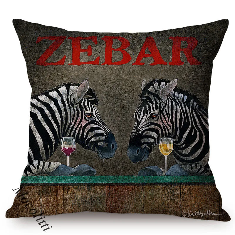 Funny Animal Piggy Zebra Dog Tasting Wine Happy Time Pattern Cotton Linen Pillow Case Cute Chick Bar Sofa Cushion Cover cojines