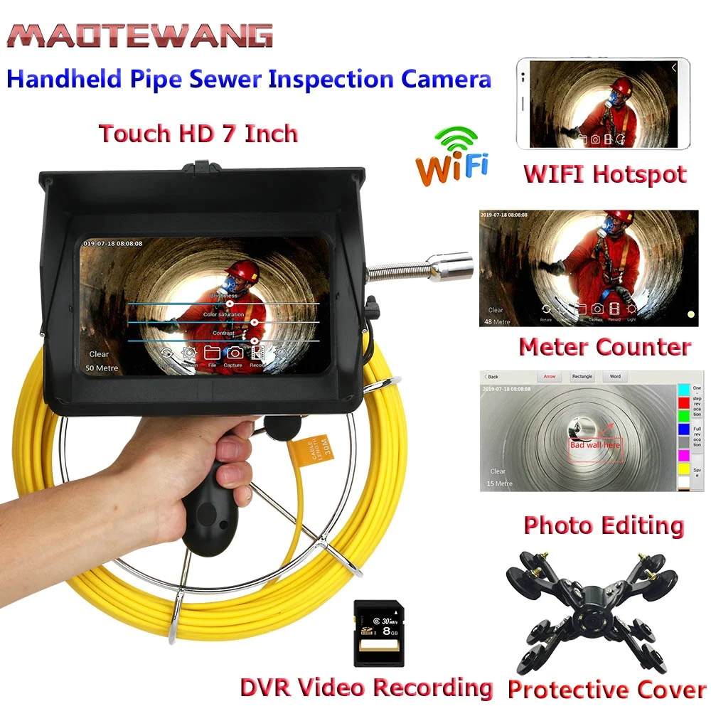 

40M 7" Wireless WiFi pipeline inspection video camera Industrial endoscope sewer pipe drain compatible with Android / IOS