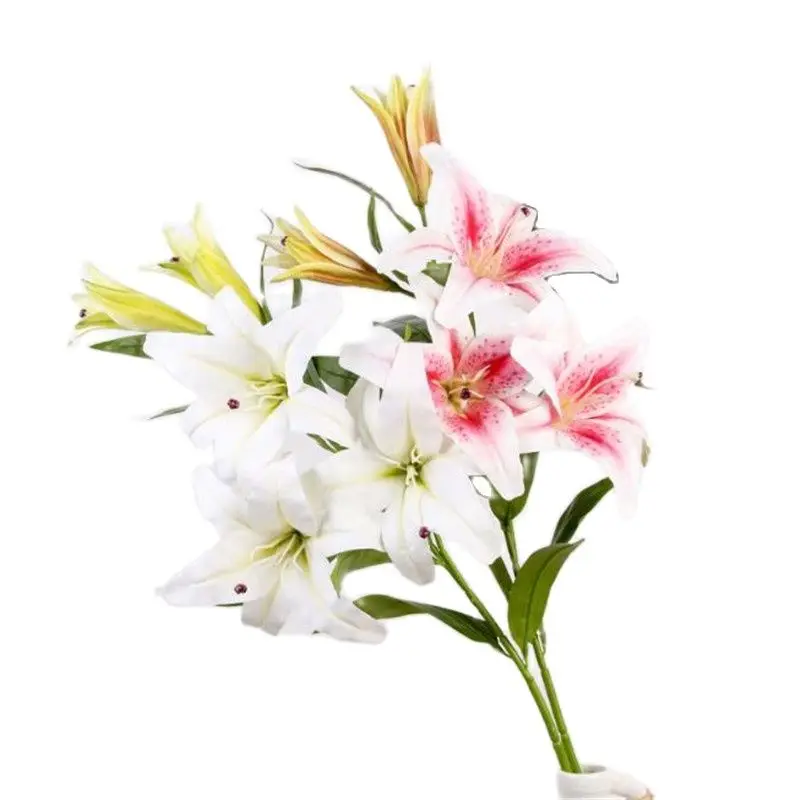 Fake Long Stem Lily (5 heads/piece) Artificial 3D Printed Lilies for Wedding Showcase Decorative Artificial Flowers