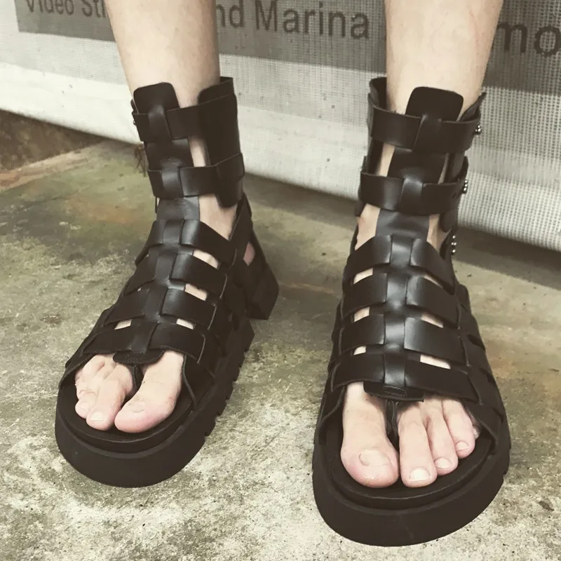 Harajuku Gladiator High Top Shoes Mens Open Toe Thick Bottom Genuine Leather Roman Sandals Male Summer Fashion Outside Sandal