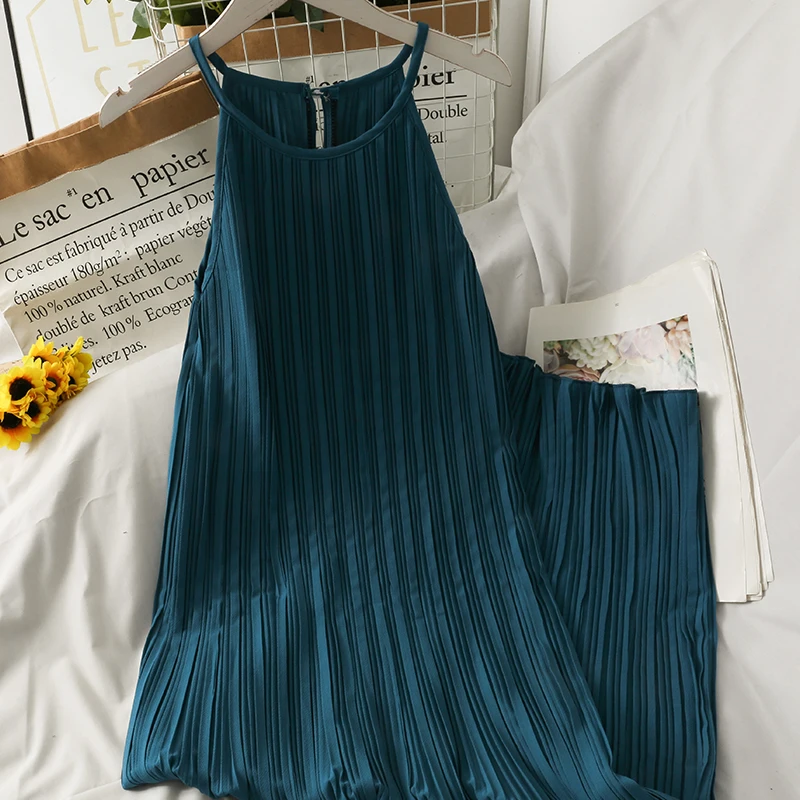 Dress Women Summer Retro Simple Chic Loose Off-shoulder Pleated Dresses Female Midi Sundress Trendy Sleeveless Vestidos Daily