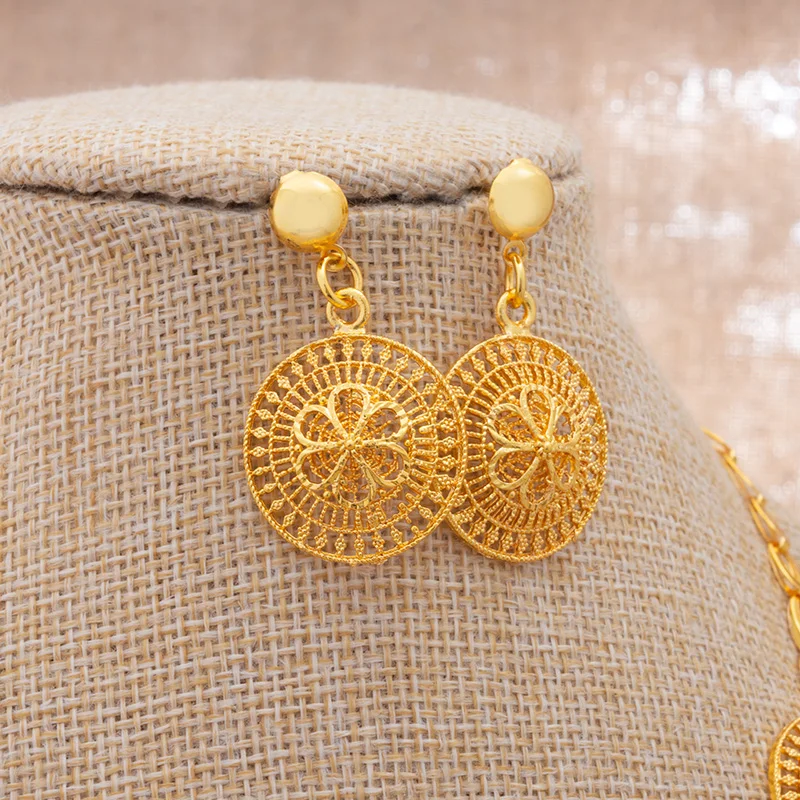 Annayoyo Gold Color Jewelry sets for Women Dubai Bangles African Chain Necklace Earrings  Sets