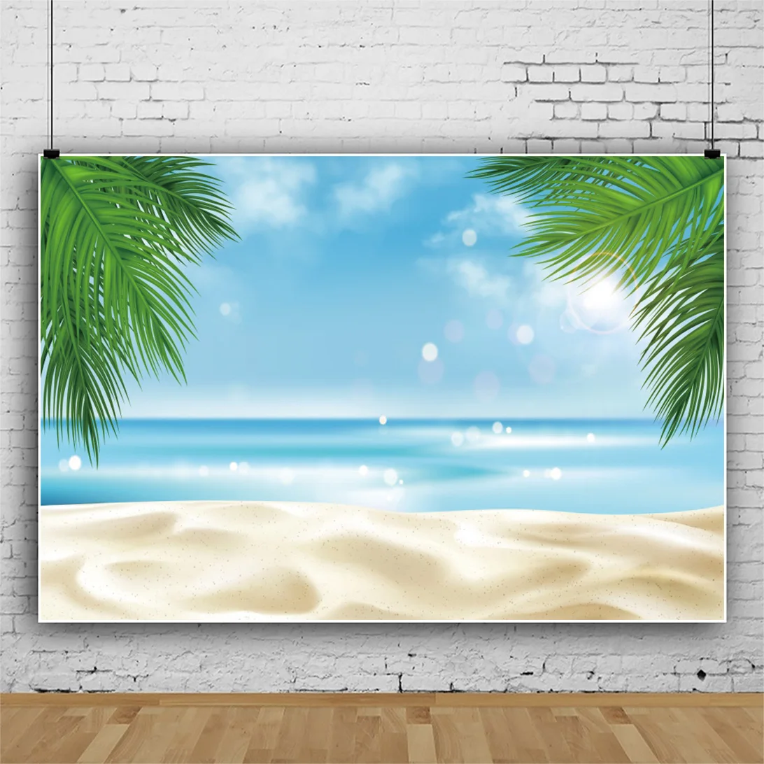 Laeacco الصيف الاستوائية شجرة جوز الهند شاطئ السماء الزرقاء والبحر ضوء خوخه ملصق خلفية التصوير الخلفيات للتصوير الفوتوغرافي