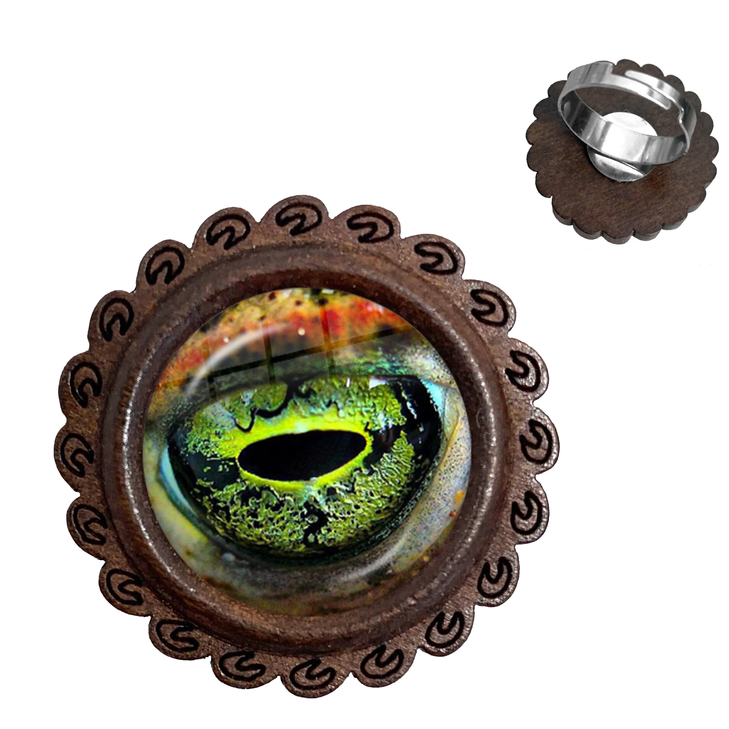 Animal Eyes Wood Rings Dragon Snake Owl Cat Tiger Eyes Glass Cabochon Rings Handmade Jewelry For Women Men Wood Rings Gift