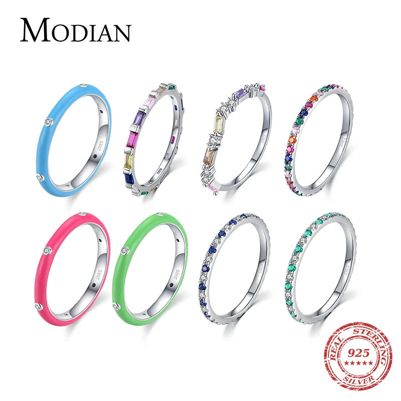 Modian 2021リアル925スターリングシルバーレインボーczシンプルなファッション指リングスタッカブル女性ブランドファインジュエリー