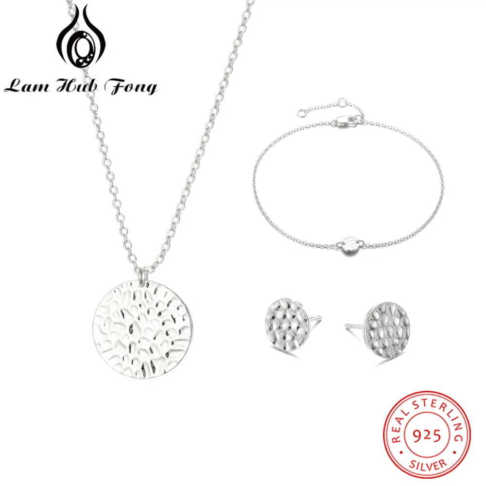 925 Sterling Silver Jewelry Sets Simple Round Necklaces Bracelet Small Stud Earrings for Women Minimalist Jewelry (Lam Hub Fong)