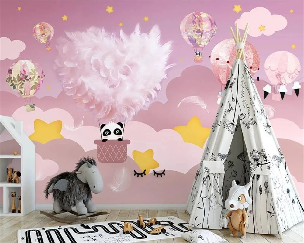 beibehang Customize new Nordic hand-painted feather hot air balloon pink children\'s room background wallpaper papier peint