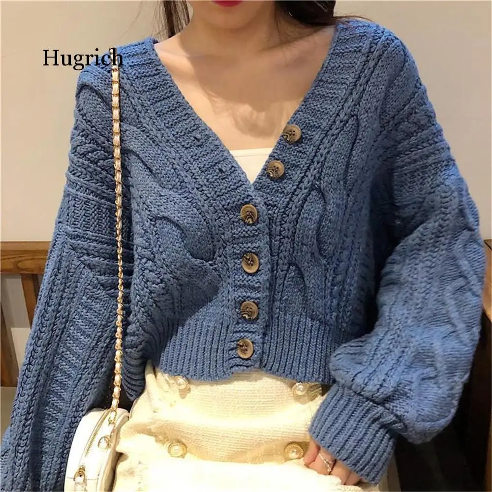 Women Sweater Spring Autumn V-Neck Long Sleeve Black Short Knitted Jacket Solid Simple Warm Cardigan Femme  Jumper