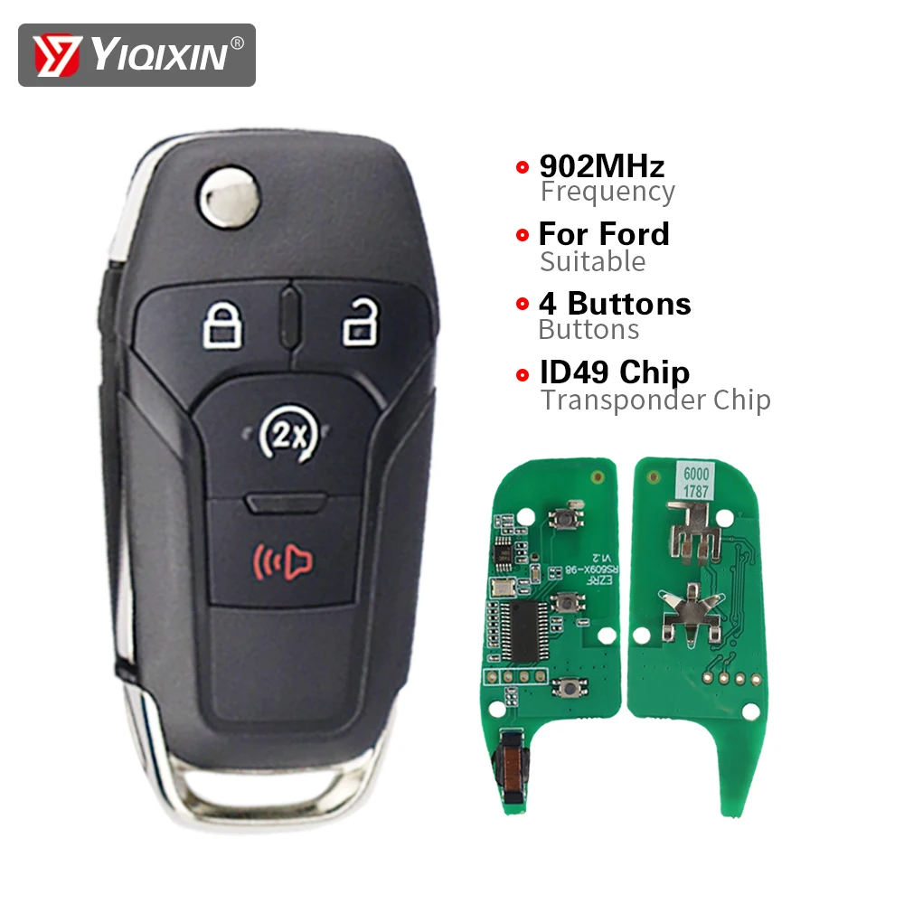 Yiqixin chave de controle remoto do carro inteligente para ford f150 f250 f350 f450 f550 raptor ranger fusão 902mhz id49 chip 4 botões lâmina