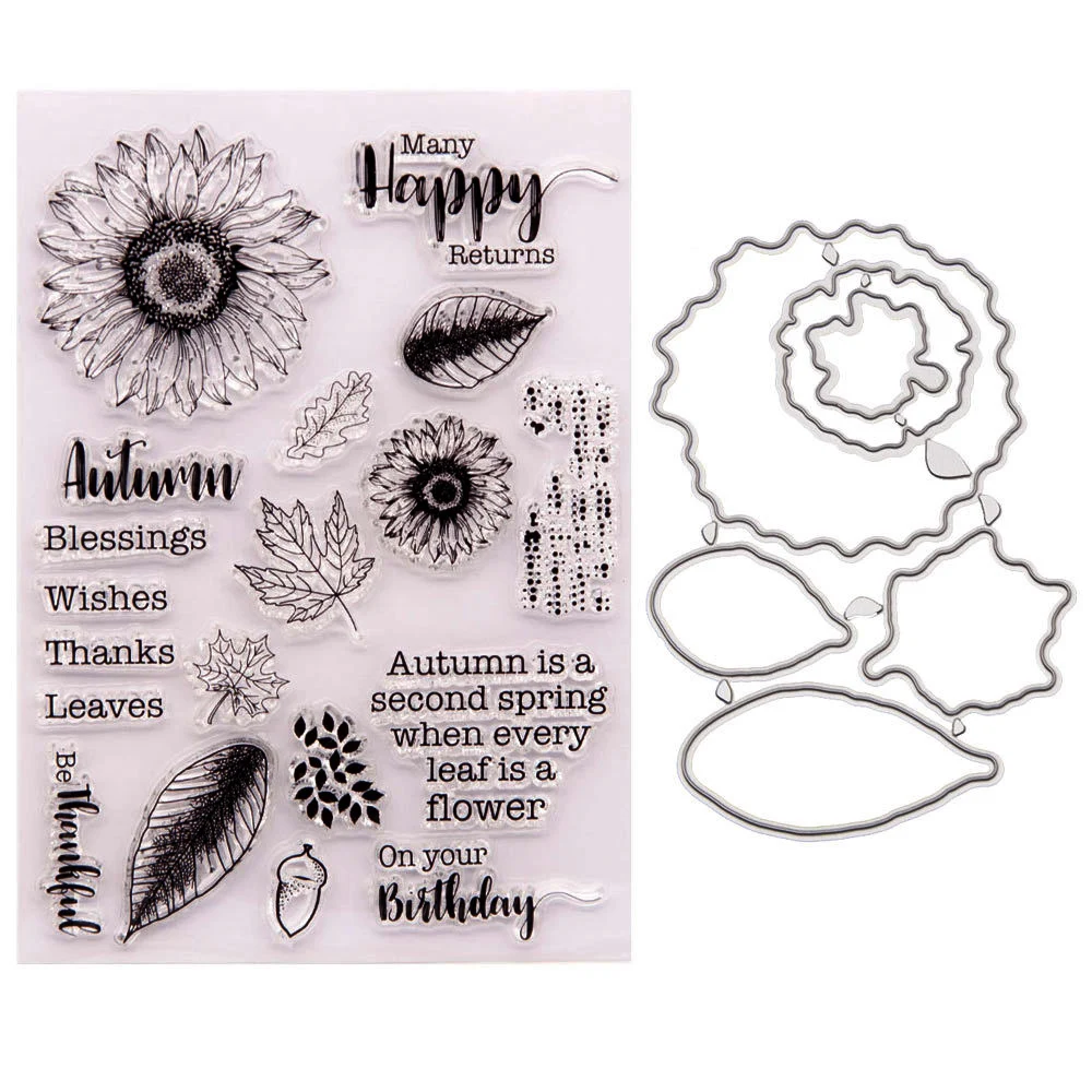 Autumn/ Flower Transparent Silicone Stamp And Cutting Dies Set For DIY Scrapbook Leaves/Happy Birthday Album Decoration