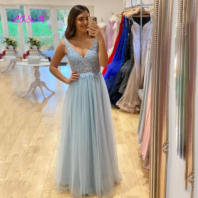 

Elegant A-Line Blue Lace Appliques Tulle Prom Dress V-Neck See Through Long Evening Dresses Plus Size Beading Party Gowns