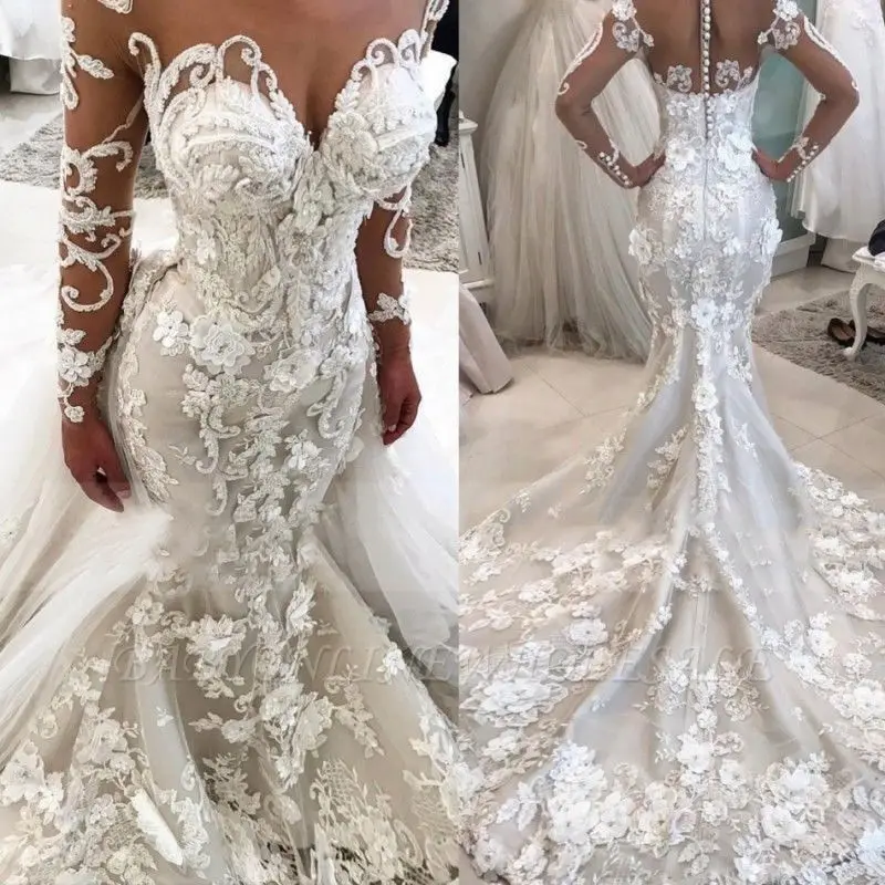 Luxury Wedding Dresses V Neck Long Sleeves Lace Appliques Bridal Gowns Custom Made Button Back Sweep Train Mermaid Wedding Dress
