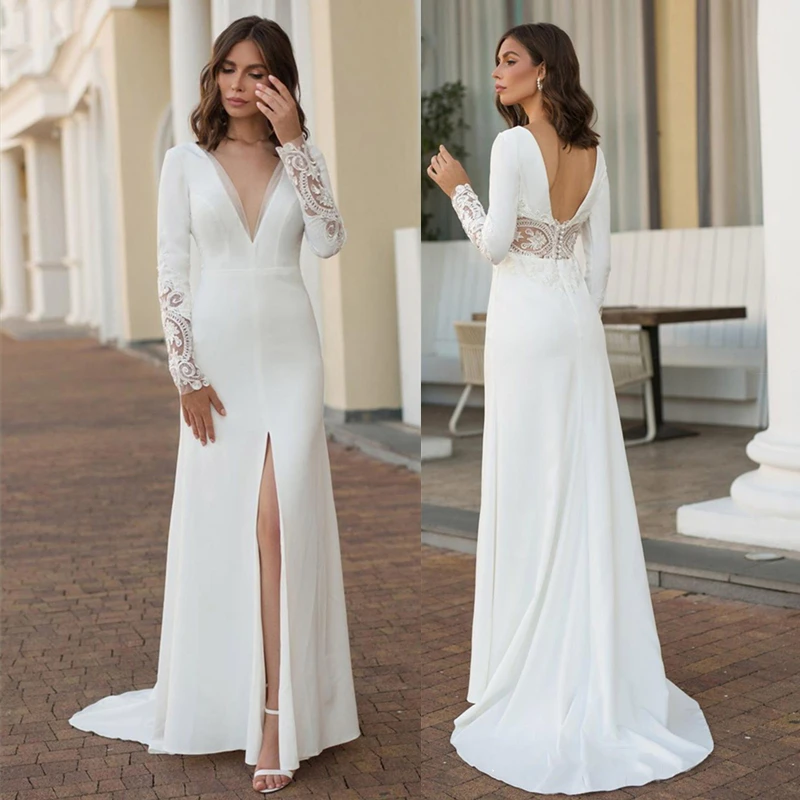 Boho Meerjungfrau Brautkleider Spitze Appliques V-ausschnitt Nahen Slit Lange Hülse Crepe Brautkleider فساتين السهرة платье Braut Kleid