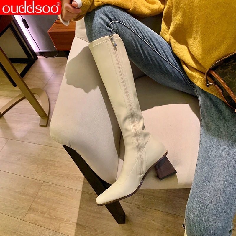 Ods 2024 New Real Leather Mid Heel Knee-high Boots Women Riding Boots Shoes Square Toe Chunky Heels Zip Long Boots Autumn Winter