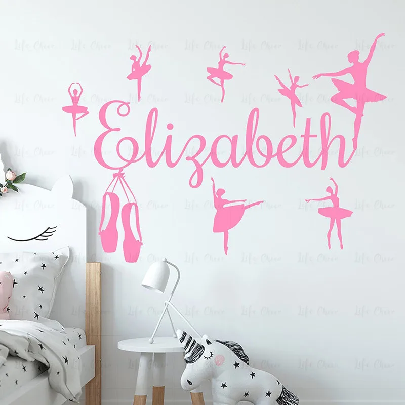 Custom Girls Name Vinyl Decals Ballerina Girls Gift Room Soft Pink Decoration Wall Stickers Ballet Pose Silhouette Murals