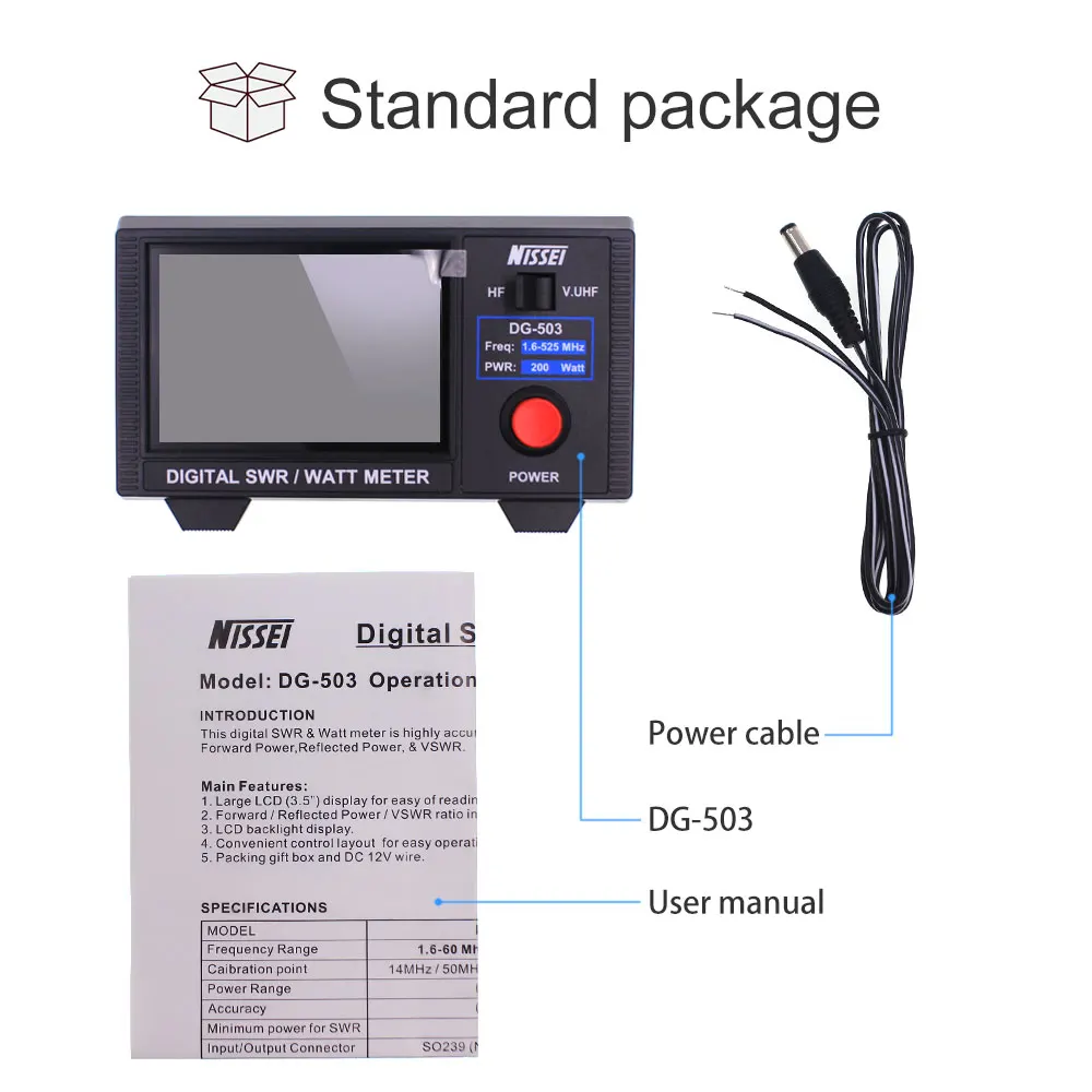 NISSEI DG-503 Digital SWR Power Meter 1.6-525Mhz Short Wave UV Standing Wave Tester 3.5 inch LCD Digital Display