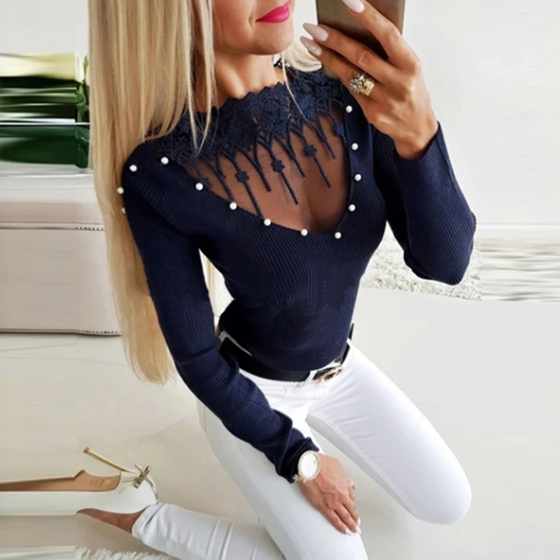 PEONFLY 2023 New Sexy Tight Sweater Women Ladies Fashion Slim Lace Beading Hollow Out Neck Sweater Knitshirt Tops