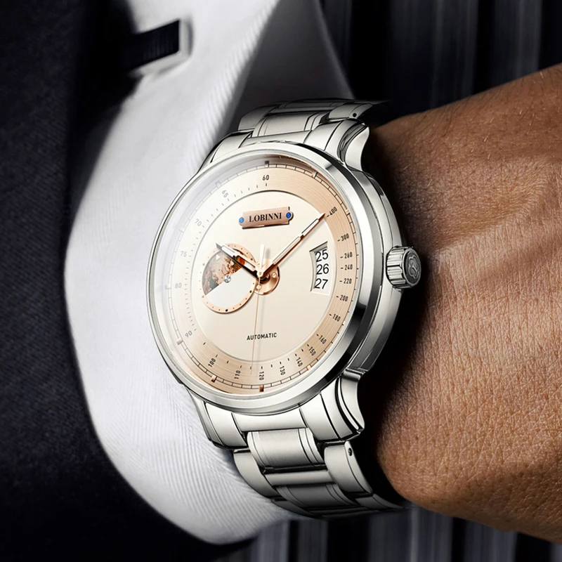 LOBINNI أفضل العلامات التجارية الفاخرة الرجال الساعات ميوتا حركة التلقائي الميكانيكية الرجال ساعة الياقوت الزجاج مقاوم للماء الساعات