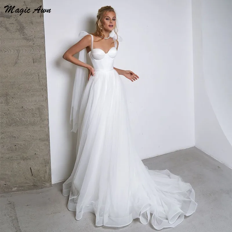 Magic Awn Simple White Tulle Wedding Dresses Boho Bow Spaghetti Straps A-Line Beach Wedding Party Gowns Abito Da Sposa 2024