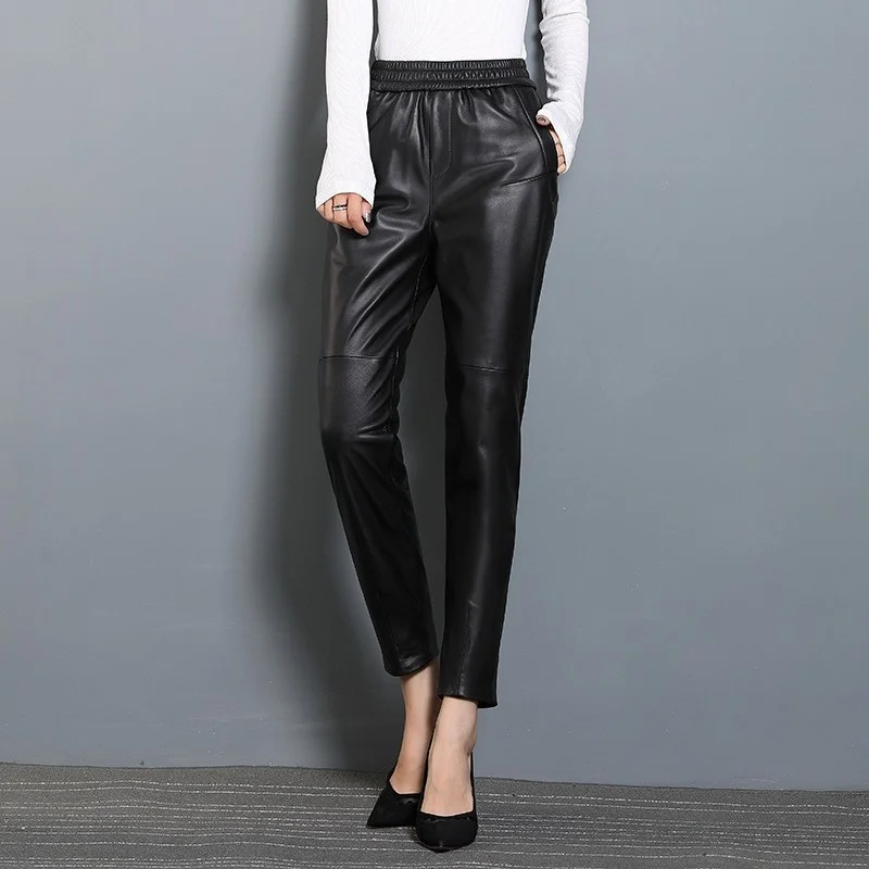 Women Spring Elastic Waist Genuine Leather Pencil Pants Office Lady Sheepskin Black Pants Slim Fit High Waist Straight Trousers