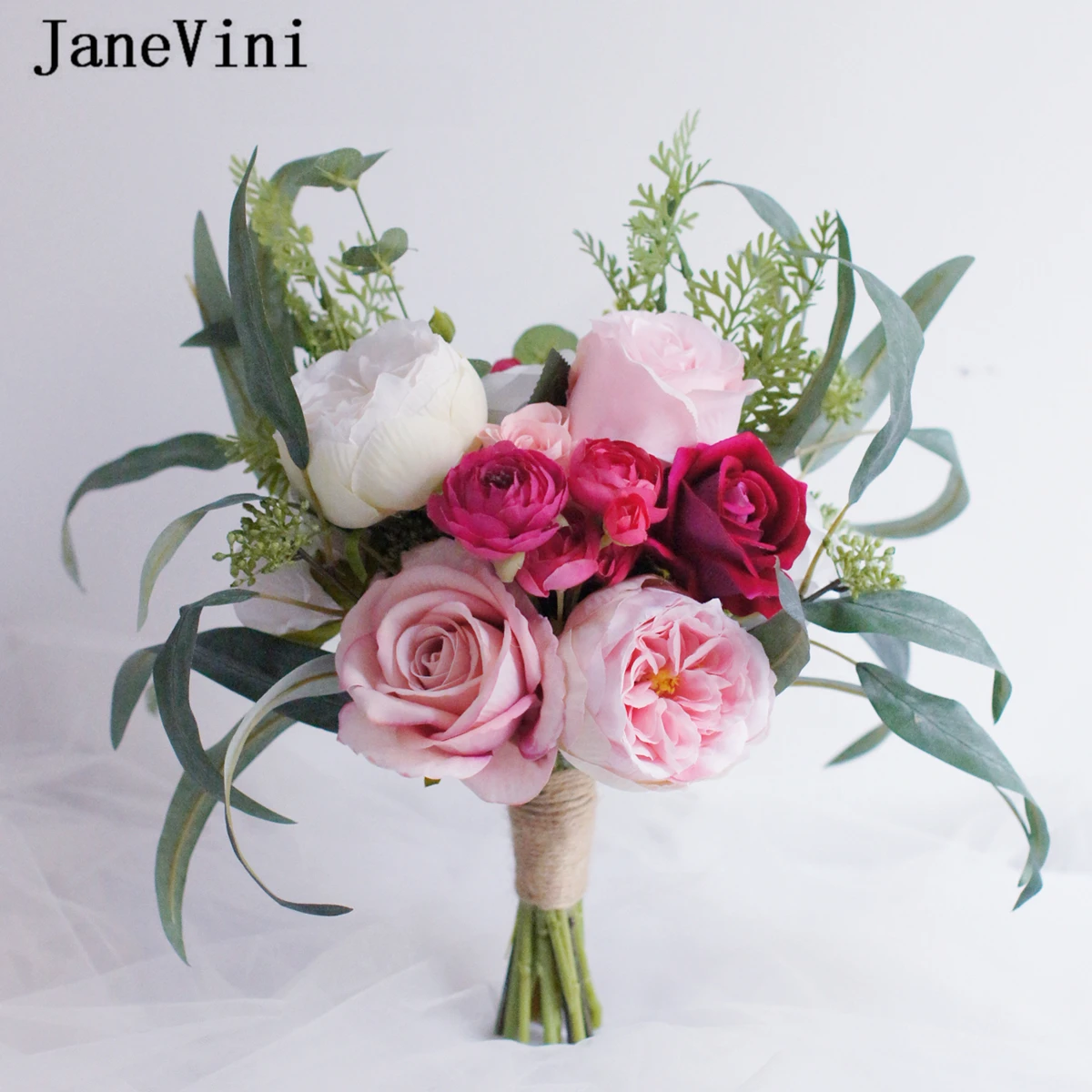 JaneVini New Romantic Pink Wedding Bouquets Handmade Silk Roses Korean Style Bridal Holding Flowers Real Touch Bouquet De Noiva