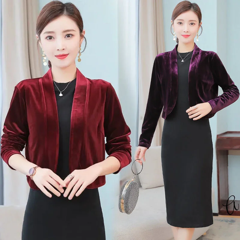 Short Cardigan Shawl Gold Velvet Jacket Autumn V-neck Long-sleeved Solid Coat Elegant Outwear With A Skirt Tops Chaqueta Mujer