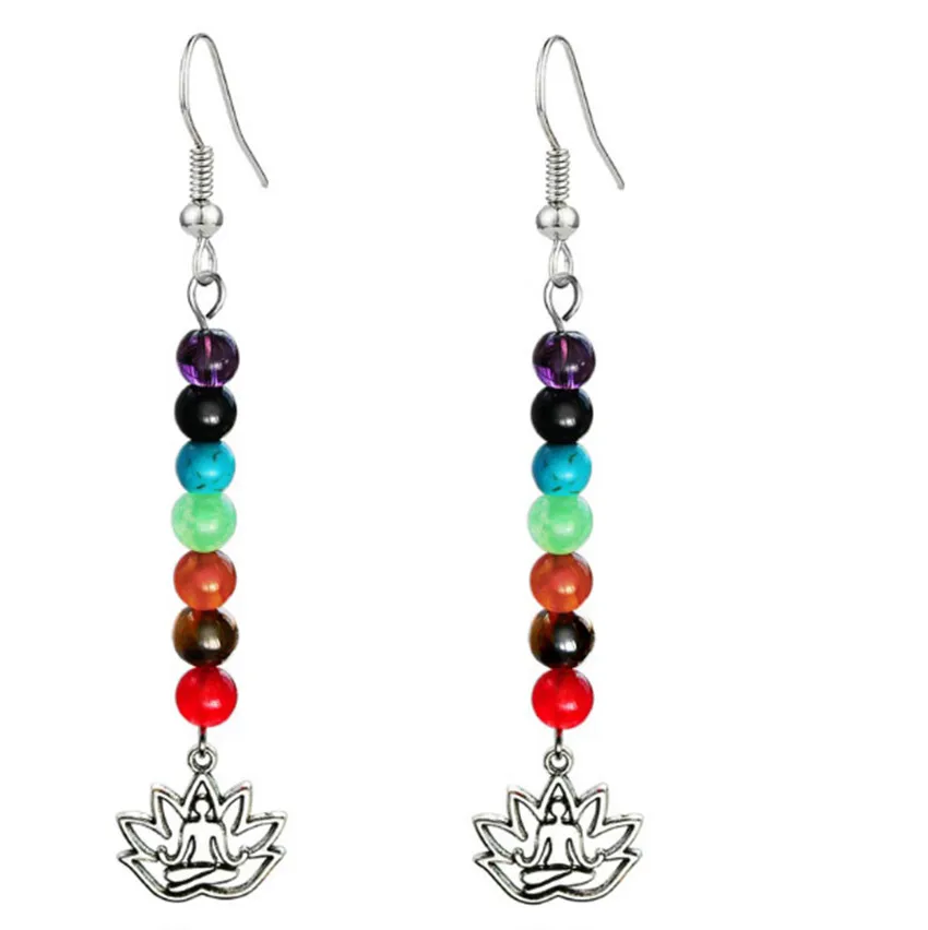 FYJS Unique Silver Plated Meditation Buddha with Colorful Small 6 mm Round Beads Dangle Earrings Healing Chakra Jewelry