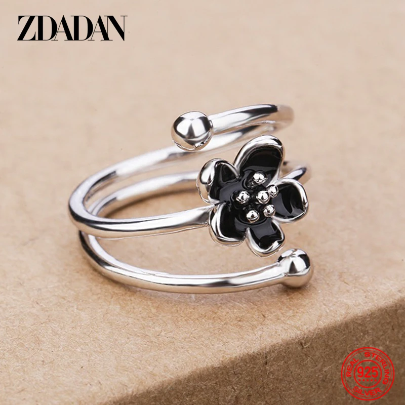 ZDADAN 925 فضة زهرة سوداء قابل للتعديل خواتم للنساء موضة سحر هدية مجوهرات الزفاف