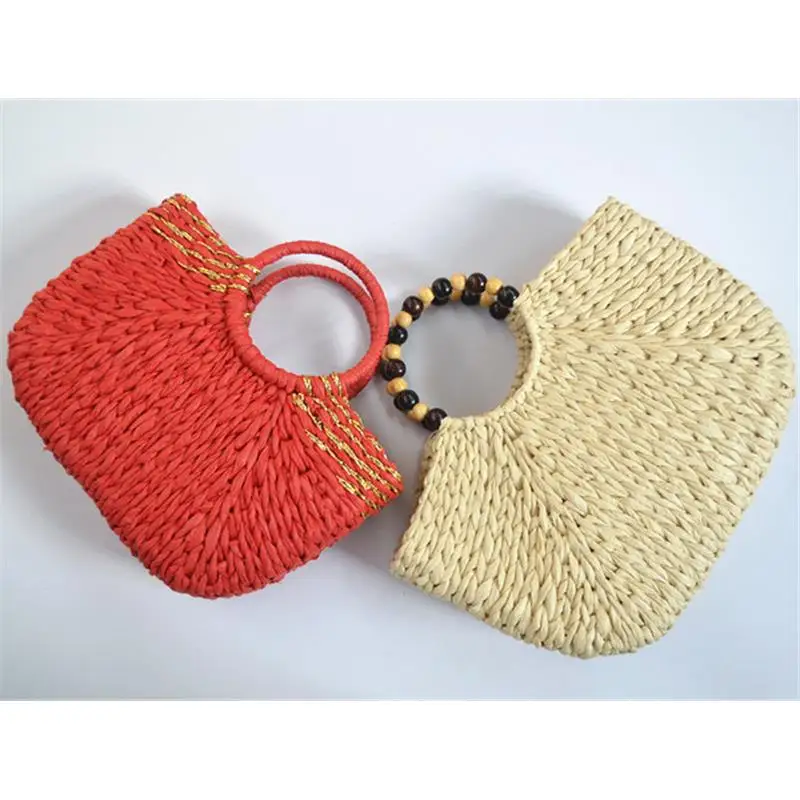 New Style Female Summer Straw Coated Gold Thread Mixed Bead Handle Round Bucket Bag Beach Bag a6232