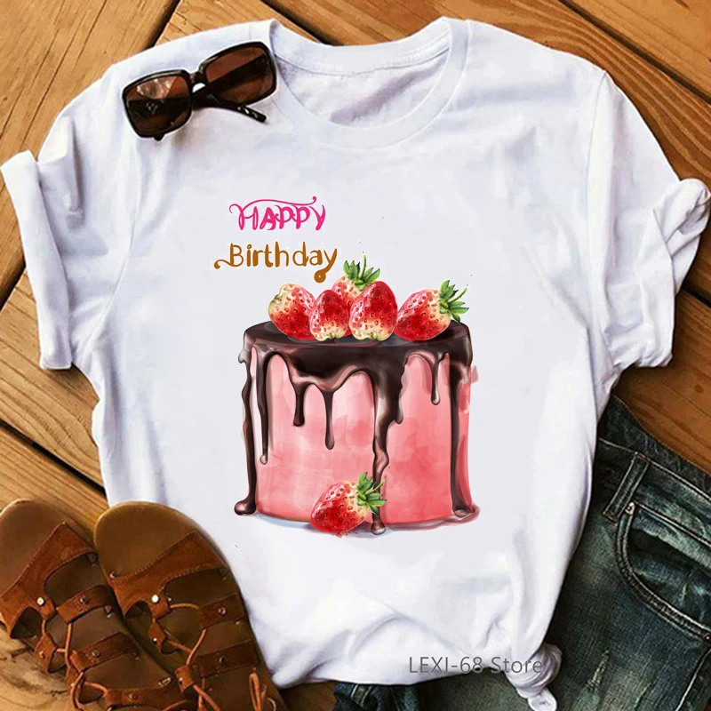 Strawberry Cake Printed Happy Bithday Tshirt Women Girls Friends Gift Tops Funny T Shirts 90s 00s Tumblr T Shirt Clothes Graphic