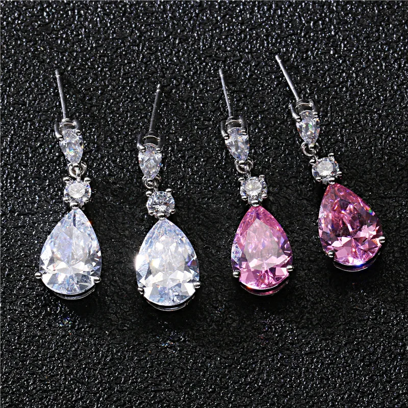 HUAMI Simple Pink Water Dangle Drop Earrings for Women White Zircon Long Jewelry Accessories Wedding Earrings Pendientes Mujer