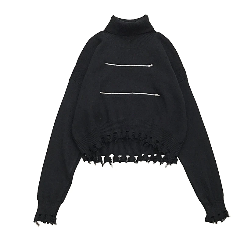 2022 New Arrival Turtleneck Women Sweaters Vintage Zipper Batwing Sleeve Female Pullovers zippers Streetwear Top