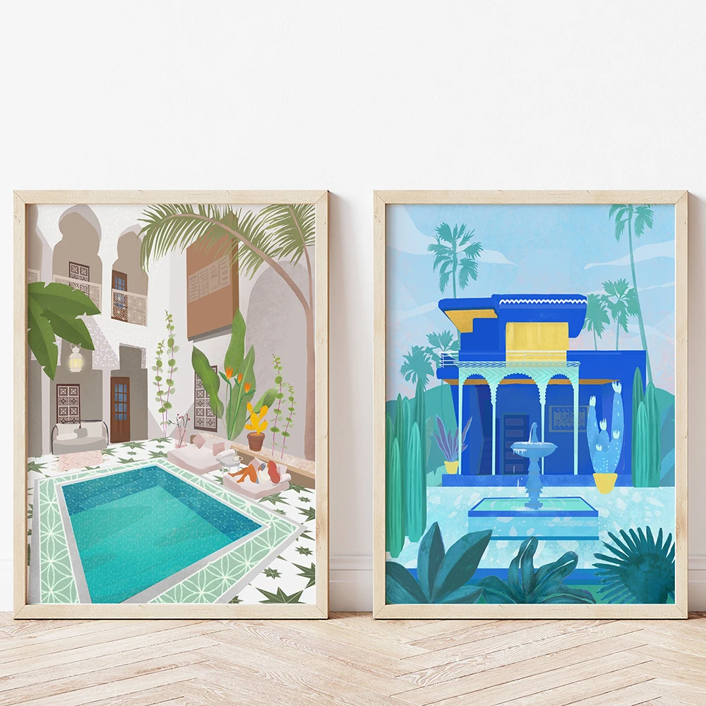 Morocco Wall Art Prints Travel Posters Marrakech Riad Jardin Majorelle Landscape Canvas Painting Nordic Wall Pictures Home Decor