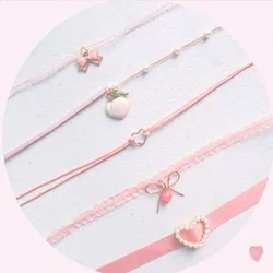 1Set Korean Pink Choker Necklace Sweet Lace Flower Collar Simple Fashion Necklaces for Women Girls Summer Temperament Jewelry