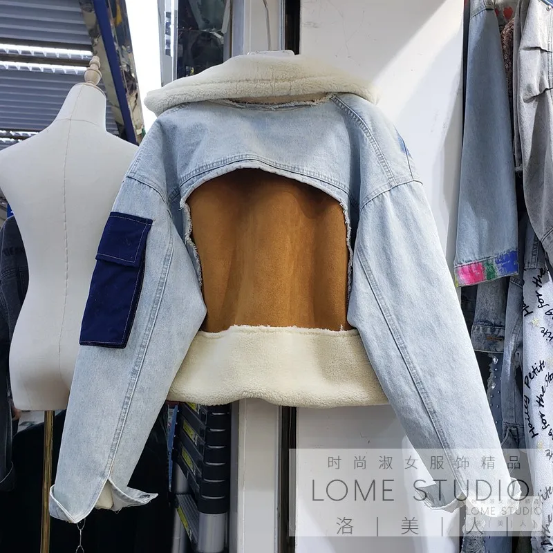 Mùa Đông 2021 Áo Khoác Denim Nữ Da Lộn Spliced Thời Trang Ve Áo Rời Quần Jean Áo Khoác Dày Ấm Lambswool Sang Trọng Ngắn Áo Khoác Nữ