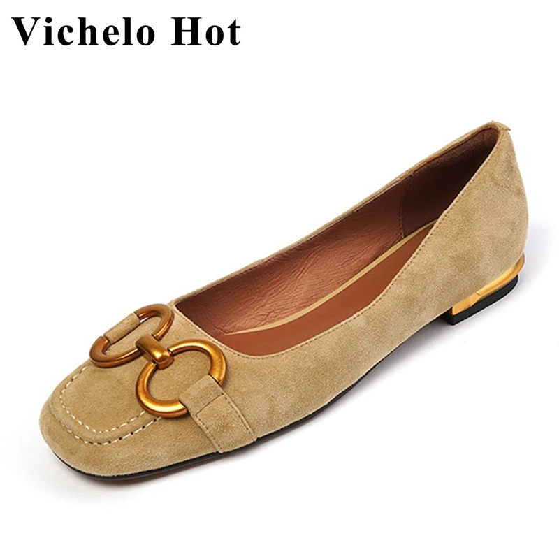 

Vichelo Hot 2022 spring blue color shoes shallow metal decorations sheep suede round toe strange low heels cozy women pumps l10