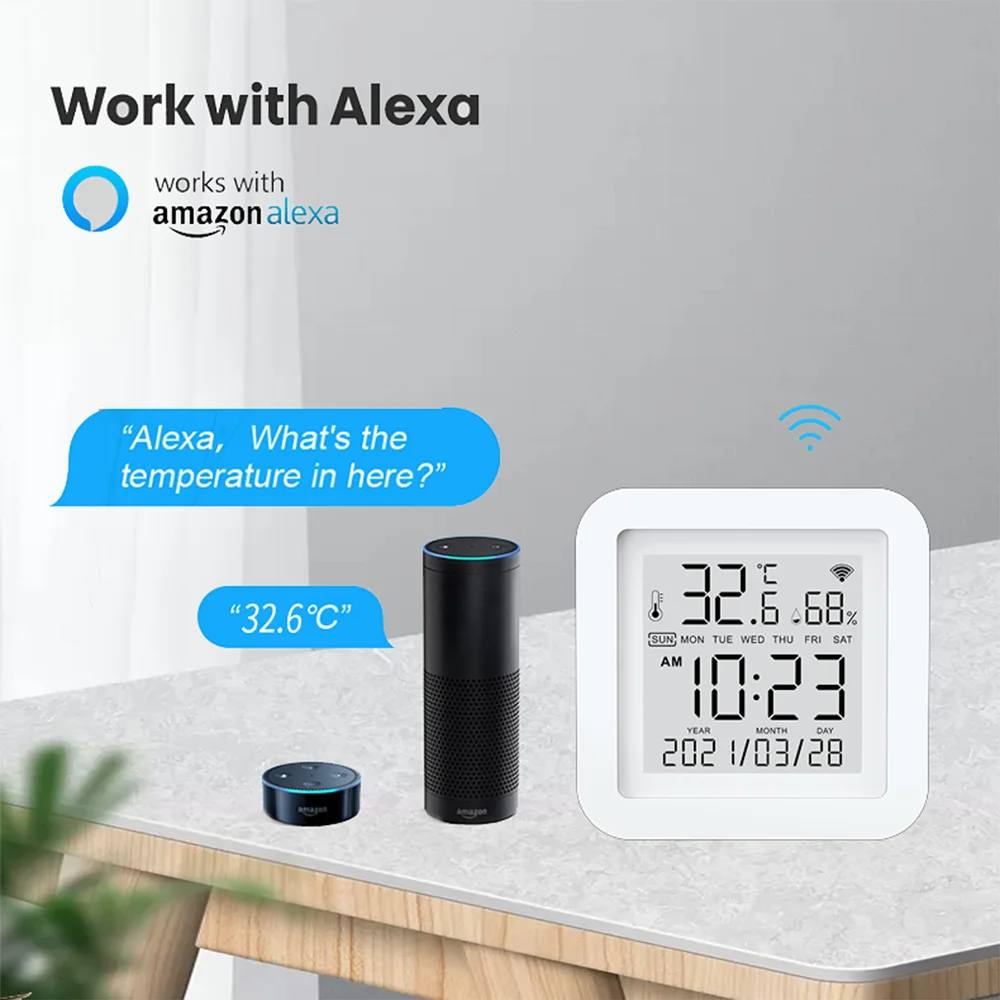 Sensor de temperatura y humedad para interiores, higrómetro, termómetro con pantalla LCD de fecha, Smart Home, Tuya, WIFI, Alexa y Google Home