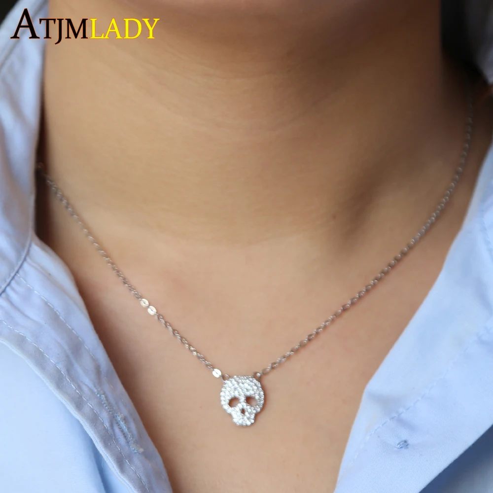 100% 925 sterling silver micro pave clear cz skull skeleton charm Hot Fashion delicate necklace silver 925