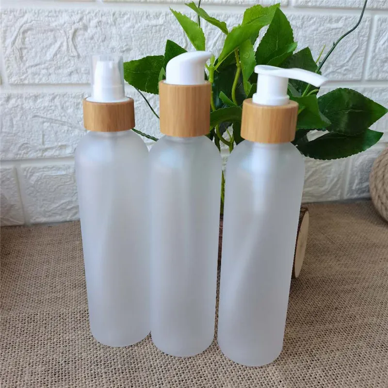 

8Oz Empty Clear PET Cosmetic Plastic Body Pump Shampoo Lotion Bottle Frosted Plastic Bottle with Bamboo Lid Cap