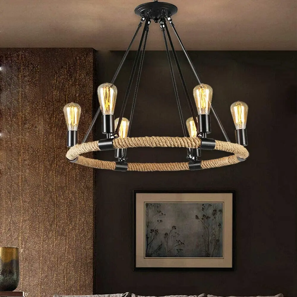 OUKANING　Pendant Light 6 Light Retro Industrial Chandelier Ceiling Lamp Hemp Rope Style