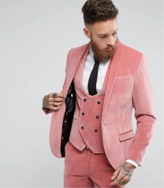 Personalizado rosa veludo ternos dos homens 3 pçs moda inverno noivo vestido de casamento fino ajuste terno smoking masculino jaqueta + colete +