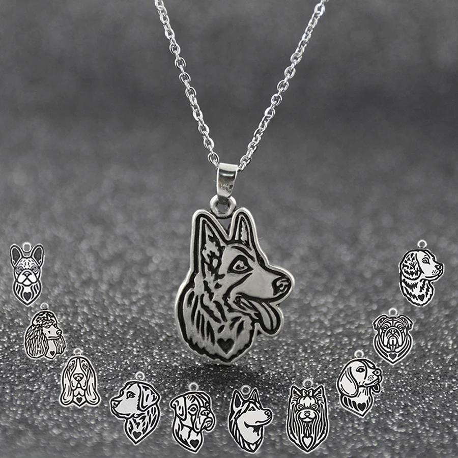 Vintage Silver Color 12 Style Dog Breeds Pet French Bulldog Beagle Husk Pendant Necklace For Women Stainless Steel Long Chain
